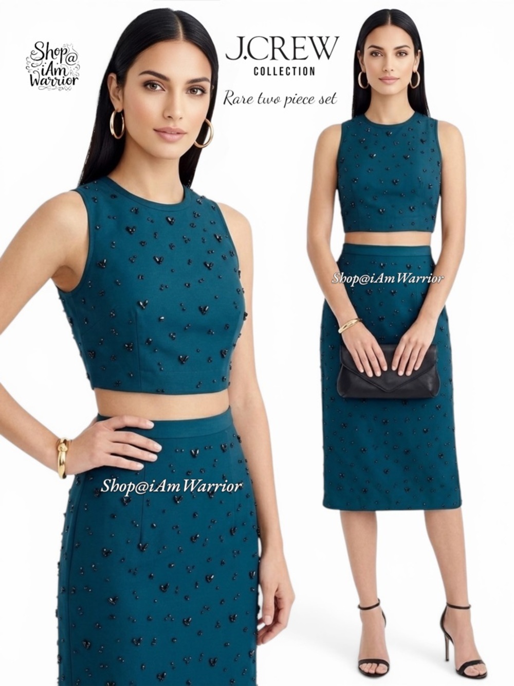 J.Crew Collection 2PC teal beaded crop top & pencil midi skirt *shop@iamwarrior